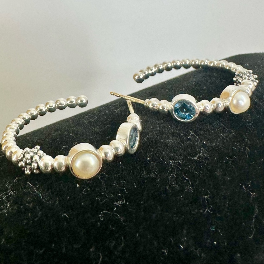 MICHAEL DAWKINS Sterling Silver 14K Gold Posts Topaz Pearl Popcorn Hoop Earrings